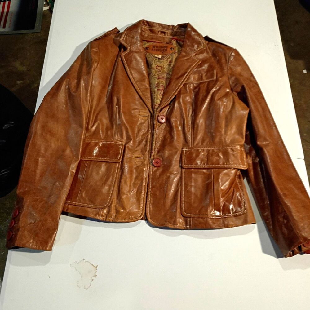 Vtg Wilson's Leather Women's Brown Leather Jacket Button Front Lined Pockets M